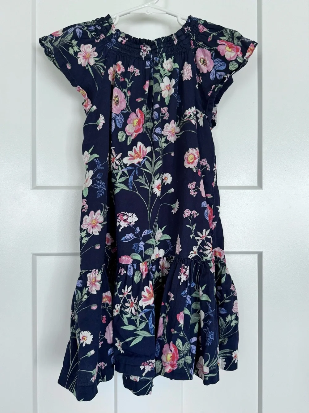 Gap Kids Girls S 6-7 Navy Floral Drop Waist Dress Smocked Flutter Sleeve